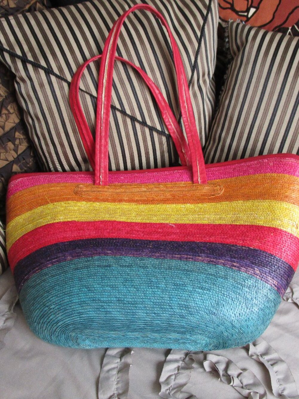 large rainbow basket woven straw tote